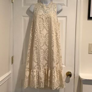 ANTHROPOLOGIE FLOREST Off White Lace Formal Sleeveless Gatsby Fringe Dress 8